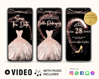 ANY TEXT Quinceañera Prom Bridal Shower Invitation Rose Pink Gold Glitter Save The Date Party | Canva Self Edit Video Instant Download CW06