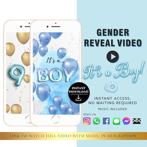 GARÇON Vidéo d'annonce numérique pour carte vidéo Gender Reveal à téléchargement immédiat | E-mail Texte Réseaux sociaux Ballon Compte à rebours Fumée