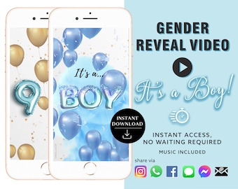 BOY Instant download Gender Reveal Videokaart digitale aankondigingsvideo | E-mailtekst Sociale media ballon aftellen Rook