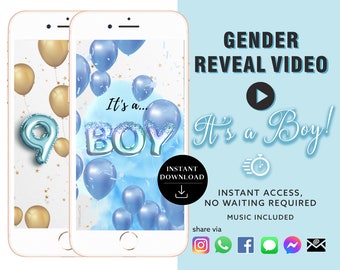 BOY Descarga instantánea Gender Reveal Tarjeta de video anuncio digital video / Correo electrónico Texto Redes sociales Globo Cuenta regresiva Humo