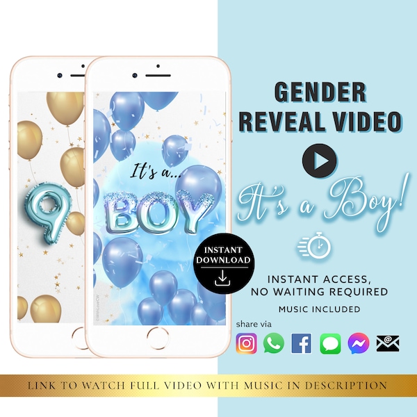 BOY Instant download Gender Reveal Video card digital announcement video | Email Text Social Media Balloon Countdown Smoke