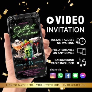 ANY TEXT Halloween Cocktail Party Video Invitation, Animated Evite, Digital Halloween Invitation Card Music Editable Video Instant Download