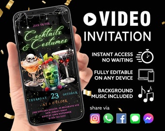 Videoeinladung zur Halloween-Cocktailparty, animierte E-Einladung, digitale Halloween-Einladungskarte mit Musik, bearbeitbares Video, sofortiger Download