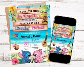May include: A gender reveal invitation featuring Stitch and Angel from the Disney movie Lilo & Stitch. The invitation is set against a tropical beach scene with a ukulele and a tiki statue. The text on the invitation reads "Is our little glitch an angel or a stitch? Please join us for a gender reveal. Honoring parents to be Samuel & Maria. April 31st, 6:00pm, Smith's House, 12 Cypress Drive, Hawaii, 445 227. RSVP to Olivia -123-456-7890. Registered at Target & Amazon."