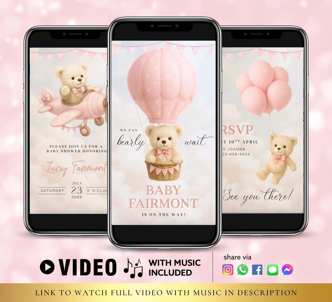 EDITABLE Baby Shower Party Invitation Teddy Bear Girl Pink Baby Bear ...