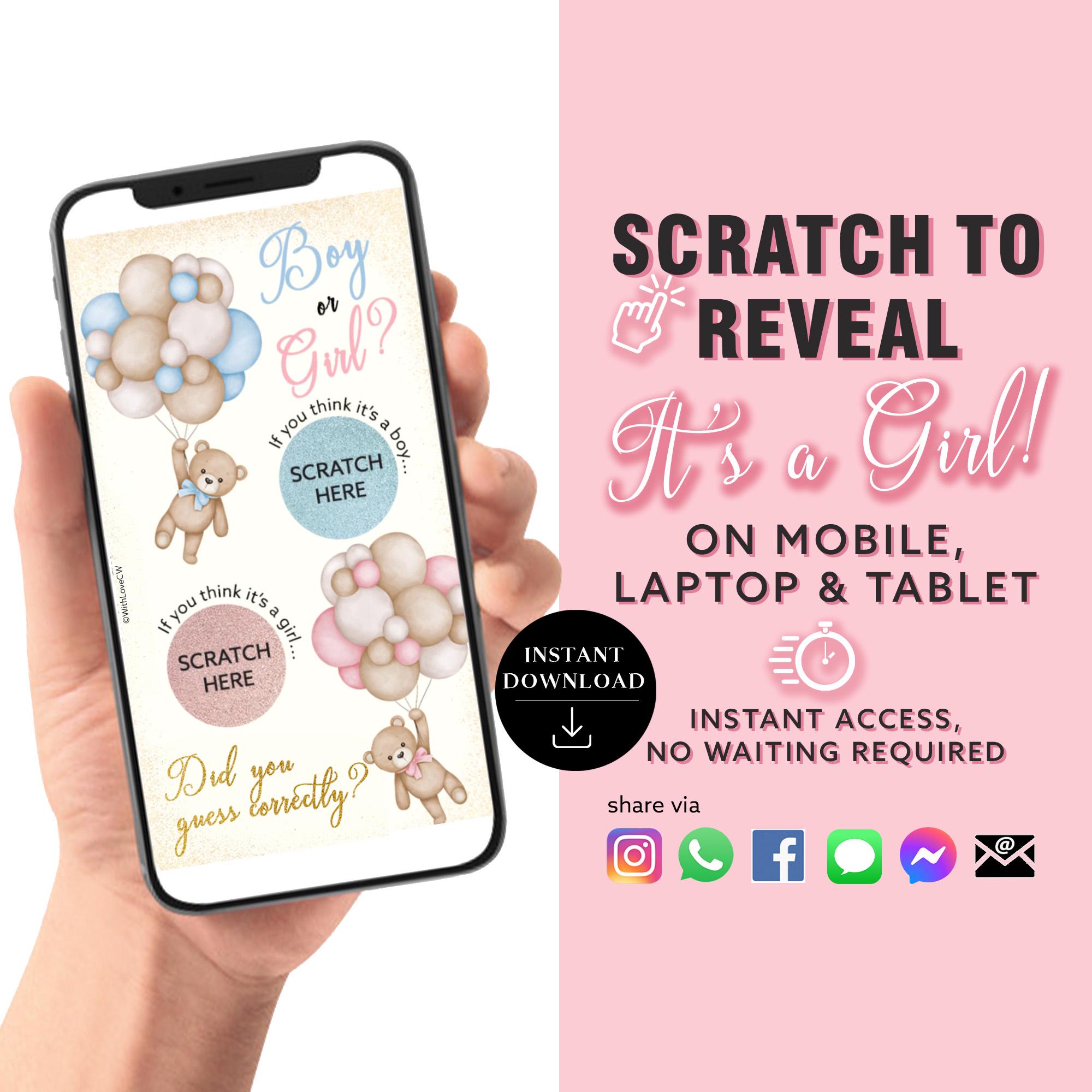 GIRL Instant download Gender Reveal Digital Scratch card digital announcement | Email Text Social Media Teddy Bear Balloons