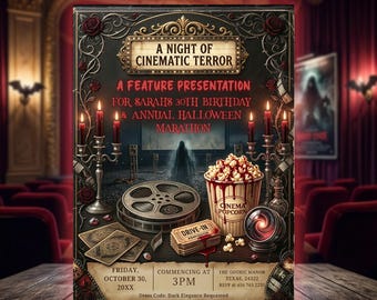 May include: A vintage-style invitation for a "Night of Cinematic Terror" Halloween marathon and birthday celebration. The design features a film reel, popcorn, candles, and the text "A Feature Presentation for Sarah's 30th Birthday & Annual Halloween Marathon."