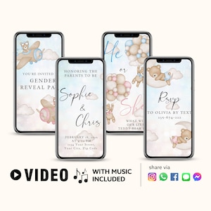 ANT TEXT Gender Reveal Baby Shower Party Invitation Animated Blue Pink Glitter | Watercolour Bear Balloons | Video Instant Download