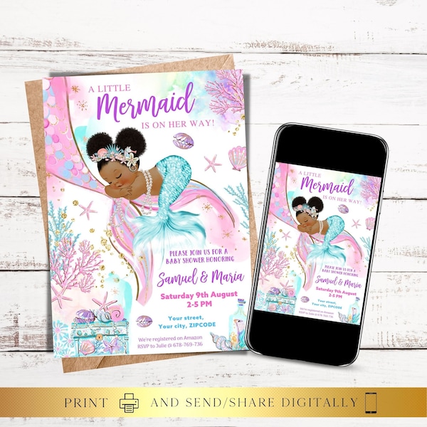 ANY TEXT Mermaid Baby Shower Party Invitation Pink Glitter Baby Girl | Self Edit Instant Download