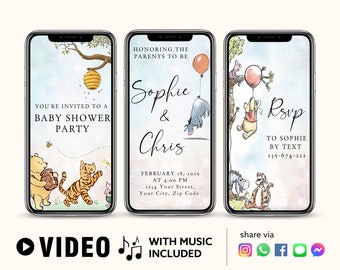 Baby Shower Party Invitation Animated | Classic Bear Balloons | Canva Self Edit Video Instant Download