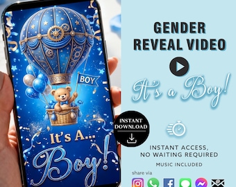 Teddy Bear Hot Air Balloon Gender Reveal Video, Its A Boy Adventure Awaits Baby Announcement - Virtual Instant Download