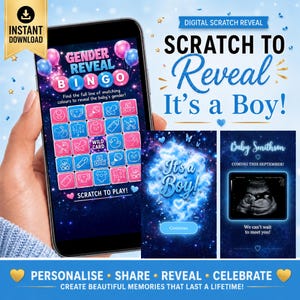 May include: A smartphone displays a digital gender reveal bingo game with pink and blue icons. The screen reads "Gender Reveal Bingo" and "It's a Boy!" with a baby sonogram image. The image includes the text "Instant Download".
