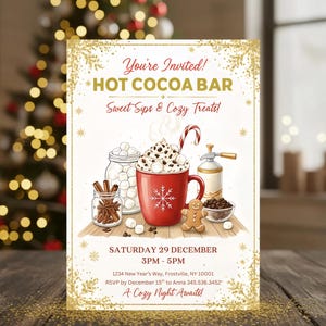 May include: A festive invitation for a Hot Cocoa Bar, featuring a red mug with a snowflake design, whipped cream, marshmallows, and a candy cane. The invitation includes the text "You're Invited! Hot Cocoa Bar" and event details.