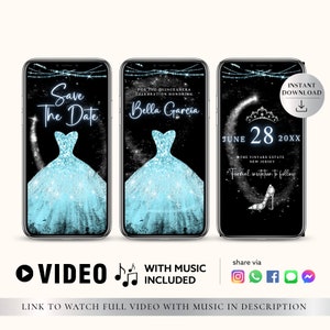 JEDER TEXT Quinceamaßa Abschlussball Brautparty-Einladung Türkisblau Glitter | Save The Date Party | Canva Selbstbearbeitung Video Sofort-Download