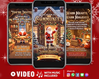 Community Senior Holiday Lunch Video Invitation, Festive Fellowship Event Invite, Digital Social Evite, Canva Editable Template