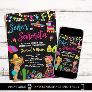 N&#39;IMPORTE QUEL TEXTE Faire-part de fête Fiesta Gender Reveal Party mexicain Señor ou Señorita Fiesta auto-édition Téléchargement instantané