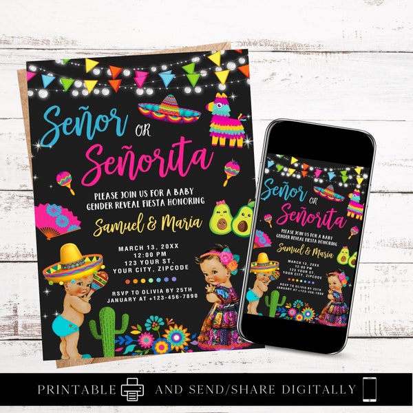 ANY TEXT Fiesta Gender Reveal Party Invitation Mexican Party Señor Or Señorita Fiesta Self Edit Instant Download