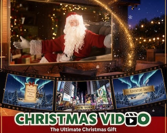 Op de afbeelding: Een digitaal display met de Kerstman in een rood pak met een witte baard, omringd door feestelijke verlichting. Hieronder staan drie filmstripframes met een perkamentrol met tekst, een straat in New York en een besneeuwd landschap met de tekst The Adventure Awaits.