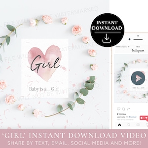 Instant download Gender reveal video It's a Girl! Video card digital pregnancy announcement video for social media |  Confetti