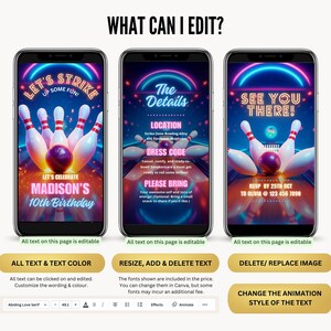 May include: Three smartphone screens displaying bowling-themed birthday party invitations. The invitations feature bowling pins, a bowling ball, and neon text that reads "Let's Strike Up Some Fun!" and "See You There!" The invitations are for Madison's 10th birthday.