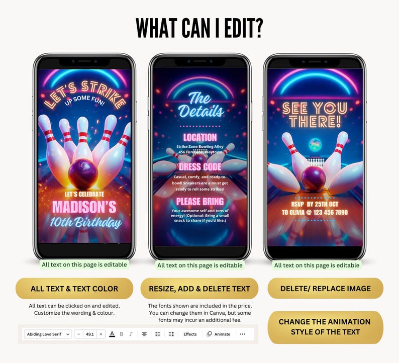 May include: Three smartphone screens displaying bowling-themed birthday party invitations. The invitations feature bowling pins, a bowling ball, and neon text that reads "Let's Strike Up Some Fun!" and "See You There!" The invitations are for Madison's 10th birthday.