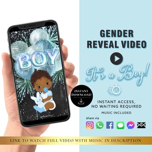 BOY Descarga instantánea Gender Reveal Tarjeta de video anuncio digital video / Texto de correo electrónico Redes sociales Globo Cuenta regresiva Fuegos artificiales