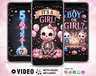 Girl Gender Reveal Video, Halloween Skeleton Baby Announcement, Pink-o-ween Reveal Evite, Spooky Gender Reveal Party - Instant Download