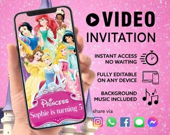 ANY TEXT Princesses Birthday Party Video Invitation, Princess Birthday Party Evite | Canva Self Edit Instant Download
