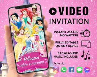 N'IMPORTE QUEL TEXTE Invitation vidéo fête d'anniversaire princesse, Invitation fête d'anniversaire princesse | Téléchargement instantané personnalisé