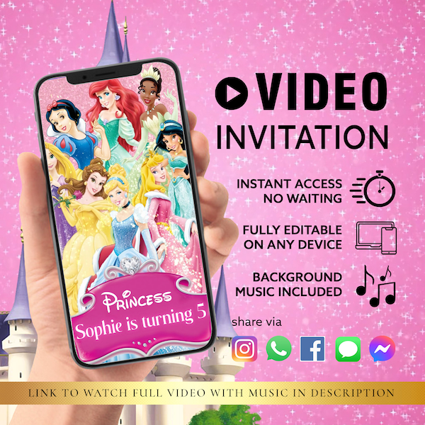 ANY TEXT Princesses Birthday Party Video Invitation, Princess Birthday Party Evite | Custom Self Edit Instant Download