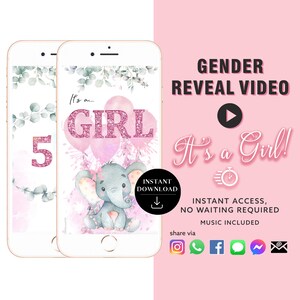 Tarjeta de video de revelación de género de NIÑA Descarga instantánea Anuncio digital Video / Correo electrónico Texto Redes sociales Globo Cuenta regresiva Fuegos artificiales