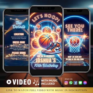 May include: Three smartphones displaying a basketball-themed birthday invitation. The central phone features basketballs, sneakers, and the text "LET'S HOOP!" and "JOIN US TO CELEBRATE JOSHUA'S 10th Birthday." Other phones show details and RSVP information.
