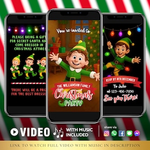 Könnte beinhalten: Drei Smartphone-Bildschirme mit Weihnachtseinladungen. Der mittlere Bildschirm zeigt einen Elf und die Worte "Christmas Party". Der linke Bildschirm sagt "Please bring a gift for Secret Santa". Der rechte Bildschirm sagt "RSVP by 8th December".