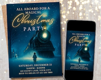 Christmas Train Express Party Invite | Holiday Birthday & Celebration Canva editable template