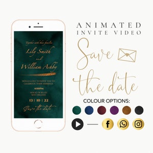 Save the Date Video E Invite | Electronic Invitation, Digital Mobile, Social Media, Animated Invitation | Emerald Green Gold Red Blue Purple