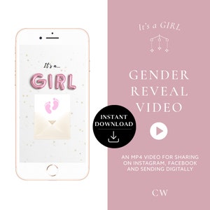 Download immediato Video di rivelazione del genere It&#39;s a Girl! Video di annuncio digitale della gravidanza della scheda video per social media / Palloncini coriandoli