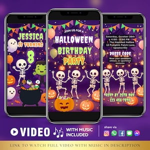 May include: Three smartphones displaying a Halloween birthday party invitation. The design features skeletons, pumpkins, ghosts, and the text "Join us for a Halloween Birthday Party". The invitation includes event details and a dress code.