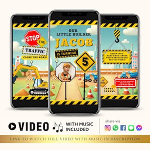 May include: A digital invitation for a construction-themed birthday party. The invitation features a cartoon excavator, a stop sign, and the text "Stop the Traffic, Close the Road!"  The invitation also includes the name "Jacob" and the text "Our Little Builder is Turning 5".