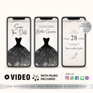 ANY TEXT Quinceañera Prom Bridal Shower Invitation Silver Black Glitter | Save The Date Party | Canva Self Edit Video Instant Download