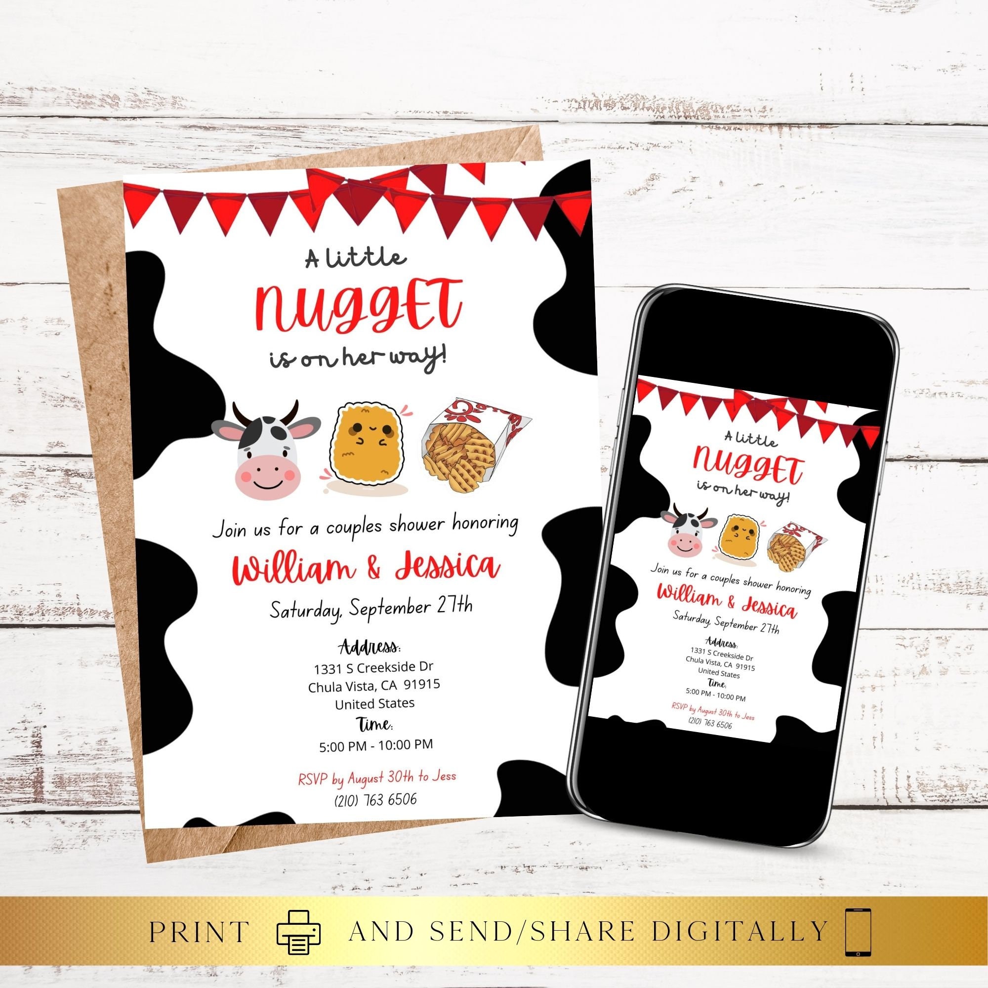 ANY TEXT Little Nugget Baby Shower Invitation, Fast Food Baby Shower, Digital Baby Shower Invitation, Chick Fil A Theme Instant Download