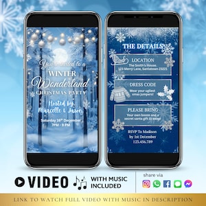 Puede incluir: Dos smartphones que muestran una invitación a una fiesta de Navidad de Winter Wonderland. La pantalla izquierda muestra una escena de bosque nevado con texto. La pantalla derecha detalla la ubicación, el código de vestimenta y qué traer. Incluye video con música.