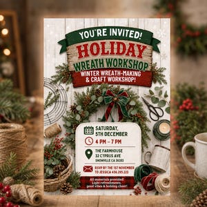 May include: A holiday wreath workshop invitation flyer featuring a green and red banner with the text YOU'RE INVITED! HOLIDAY WREATH WORKSHOP WINTER WREATH-MAKING & CRAFT WORKSHOP! It includes event details for Saturday, 5th December, 4 PM to 7 PM.