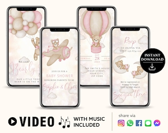 ANY TEXT Baby Shower Party Invitation | Pink Baby Bear Air Balloons Baby Shower | Canva Self Edit Video Instant Download