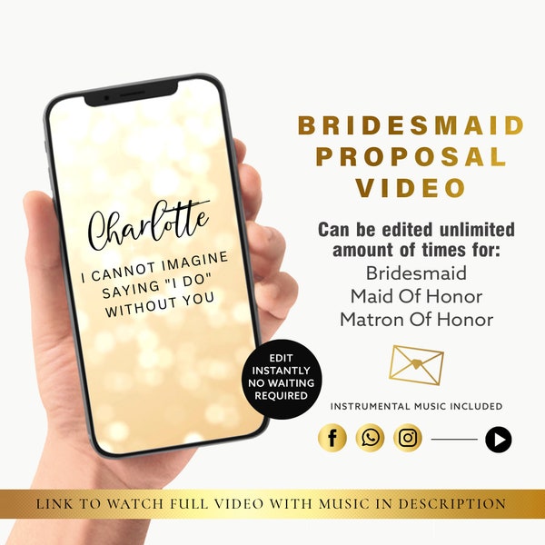 ANY TEXT Bridesmaid Proposal Video Card, Will you be my Bridesmaid, Maid of Honor Proposal Editable Video Instant Download