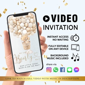 ANY TEXT Baby Shower Party Invitation | Neutral Gold Baby Bear Air Balloons | Canva Self Edit Video Instant Download