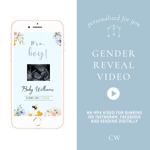 Video di rivelazione del genere personalizzato È un ragazzo! / Condivisione personalizzata dell'annuncio digitale della gravidanza sui social media e tramite SMS / Coriandoli floreali con api
