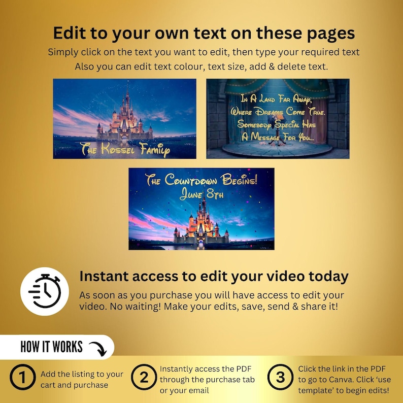 May include: A digital product listing for a customizable video template featuring images of Cinderella's castle. The text on the images reads "The Rossel Family", "In a Land Far Away, Where Dreams Come True. Somebody Special Has A Message For You", and "The Countdown Begins! June 8th". The listing includes instructions on how to edit the text and images using Canva.