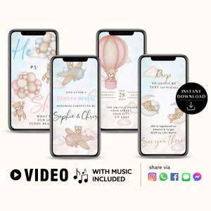 ANY TEXT Gender Reveal Baby Shower Party Invitation Animated Blue Pink | Watercolour Bear Balloons | Video Instant Download