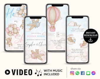 ANY TEXT Gender Reveal Baby Shower Party Invitation Animated Blue Pink | Watercolour Bear Balloons | Video Instant Download