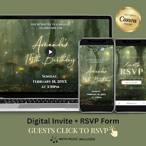 May include: Digital invitation for a 15th birthday, displayed on a laptop and two smartphones. The design features a forest scene with text that reads "You're invited to a magical celebration for Amanda's 15th Birthday". Includes RSVP form.